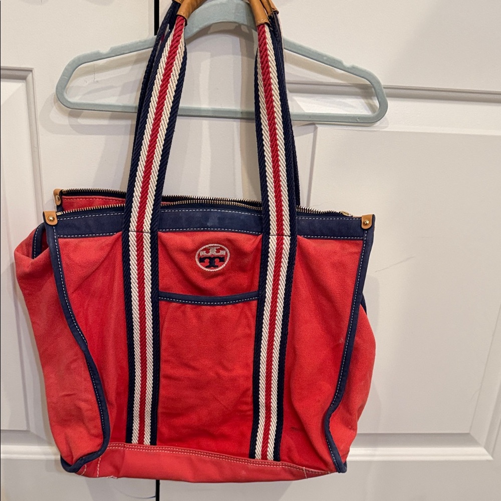 Tory Burch Red and Navy Tote Bag